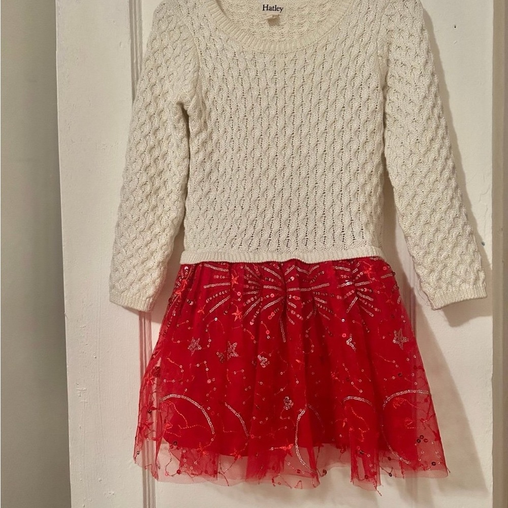 Hatley White Knit Dress with Red Tulle Skirt